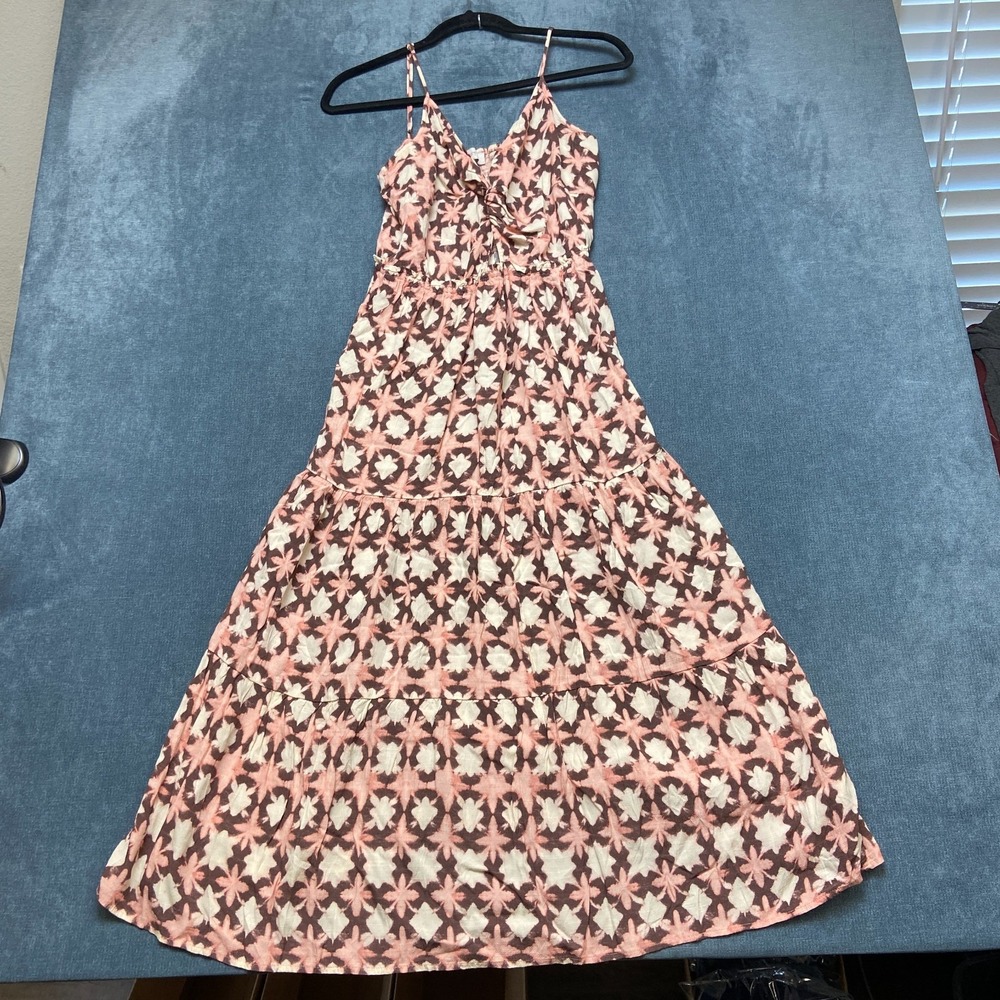 LOFT Midi Sundress Women's 10 Pink Brown Floral Smocked Twist Tiered Beachwear